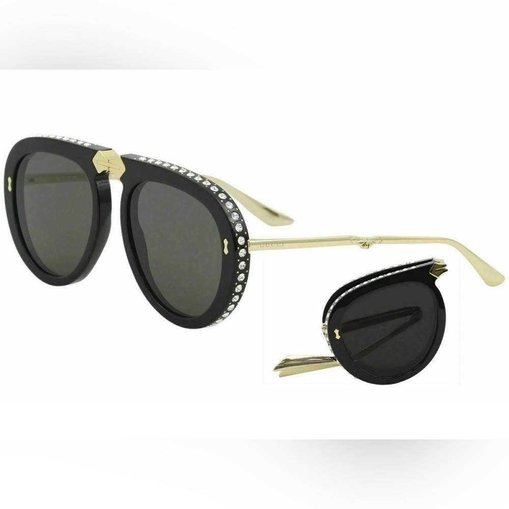 Gucci Black Crystal Studded / Grey Foldable Pilot Aviator Sunglasses